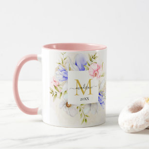 Blauw & Roze Aquarel Bloemenkleuren Monogram Mok