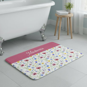 Blauw Roze Aquarel Wilde Bloem Monogram Badmat