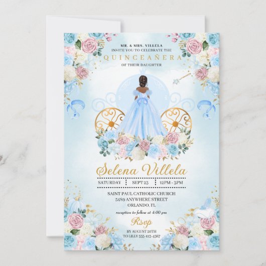 Blauw & Roze Assepoester Carriage Quinceañera Kaart (Voorkant)