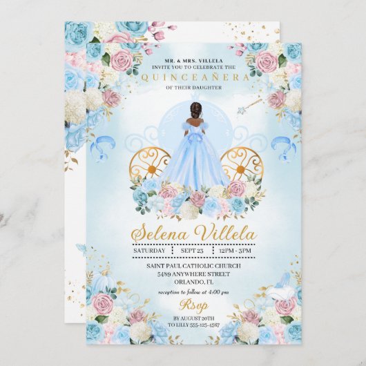 Blauw & Roze Assepoester Carriage Quinceañera Kaart (Voorkant / Achterkant)