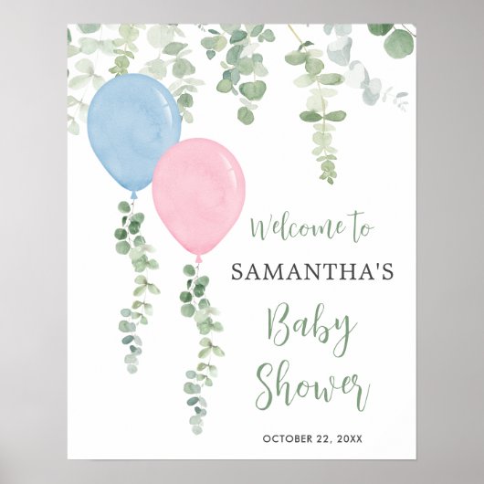 Blauw roze ballonnen baby shower welkomstbord poster (Voorkant)