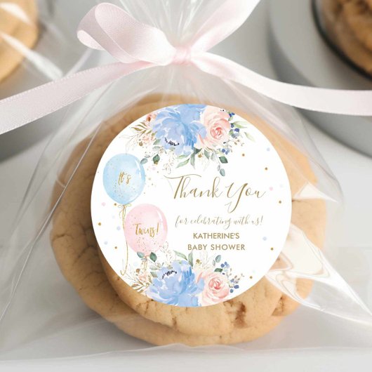 Blauw Roze Ballonnen Bloemen Tweeling Baby shower Ronde Sticker