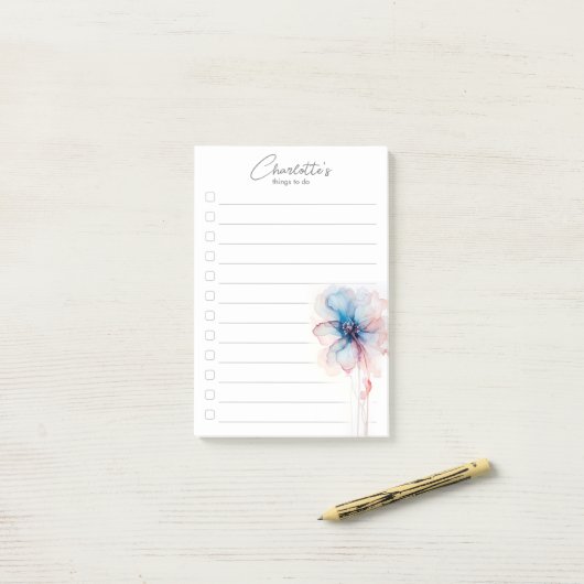 Blauw roze bloem gepersonaliseerde to-do lijst post-it® notes (Op bureau)