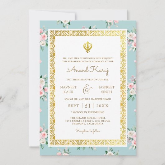 Blauw Roze Bloemen Anand Karaj Punjabi Sikh Bruilo Kaart (Voorkant)
