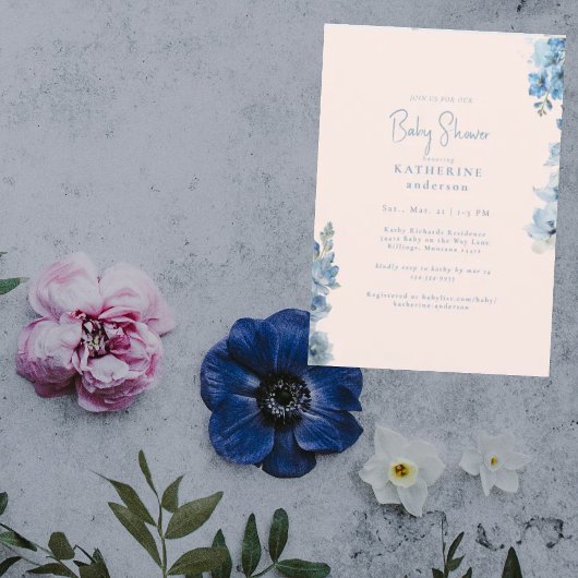 Blauw & Roze Bloemen Baby shower Kaart
