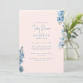 Blauw & Roze Bloemen Baby shower Kaart (Staand voorkant)