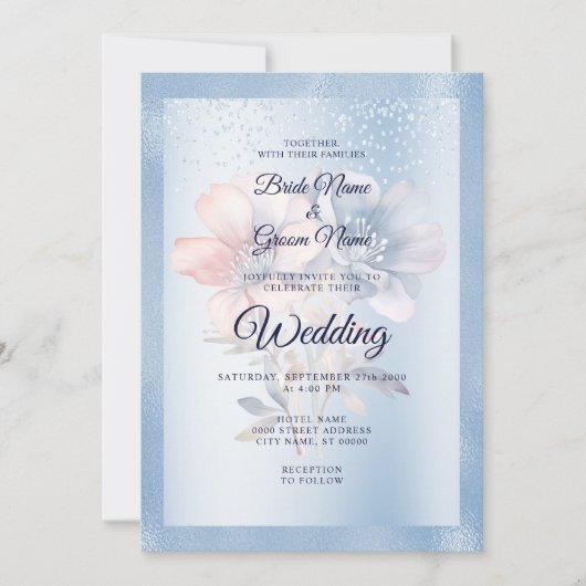 Blauw Roze Bloemen Bruiloft Uitnodiging (Voorkant)