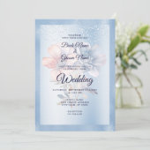 Blauw Roze Bloemen Bruiloft Uitnodiging (Staand voorkant)