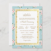 Blauw Roze Bloemen Goud Lijst Moslim Bruiloft Kaart (Voorkant)
