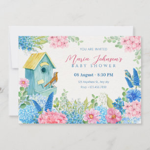 Blauw roze bloemen vogel baby shower kaart