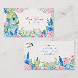 Blauw roze bloemen vogel visitekaartje
