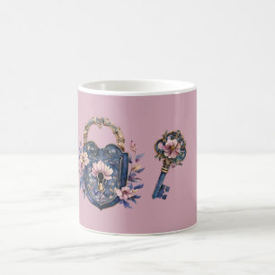 Blauw Roze Bloemenslot & Sleutel Koffiemok