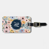  Blauw Roze Bloemmonogram Bagagelabel (Voorkant horizontaal)