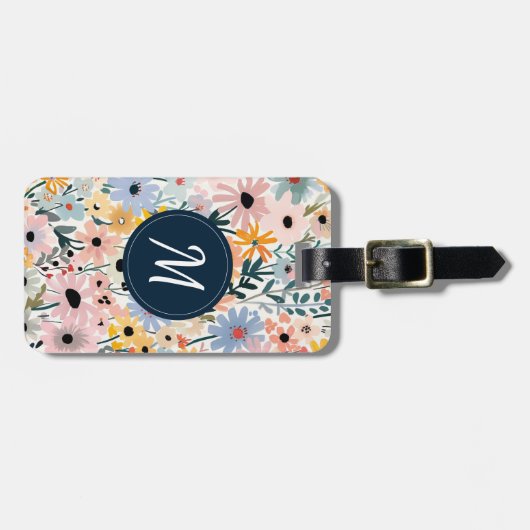 Blauw Roze Bloemmonogram Bagagelabel (Voorkant horizontaal)