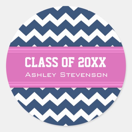 Blauw Roze Chevrons Afstuderen Aangepaste naam Ronde Sticker (Voorkant)