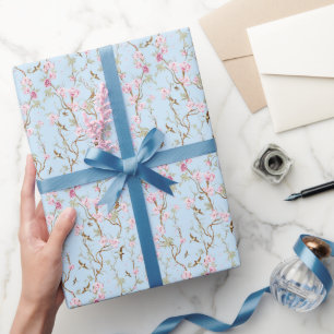 Blauw & Roze Chinoiserie Botanische Vogels & Bloem Cadeaupapier