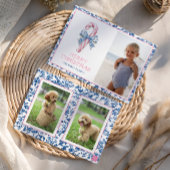 Blauw & Roze Chinoiserie Toile Kerst Candy Cane Feestdagenkaart