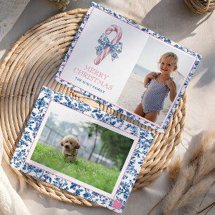 Blauw & Roze Chinoiserie Toile Kerst Candy Cane Feestdagenkaart