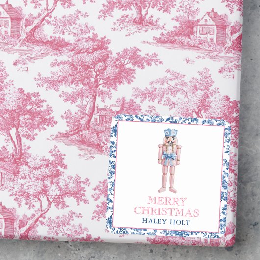 Blauw & Roze Chinoiserie Toile Kerst Notenkraker Vierkante Sticker
