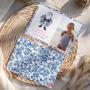 Blauw Roze Chinoiserie Toile Kerstman Foto Feestdagenkaart