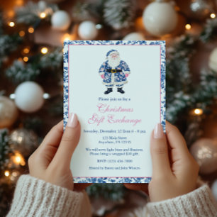 Blauw & Roze Chinoiserie Toile Kerstman Kaart