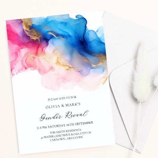 Blauw Roze en Gouden Waterverf Baby Gender Reveal Kaart