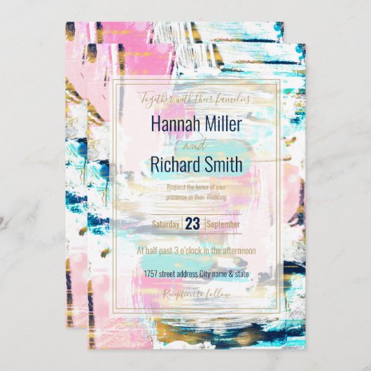 Blauw roze en goudpenseel schilderen kaart (Voorkant / Achterkant)