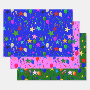 Blauw roze en groene ballonnen en sterren inpakpapier vel