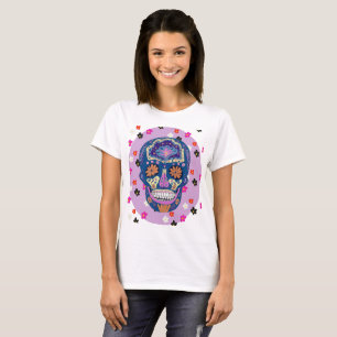 Blauw Roze en Oranje Tattoo Stijl Suiker Schedel T-shirt
