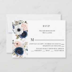 Blauw, Roze en Witte Anemoon Krans Trouwen RSVP Kaartje