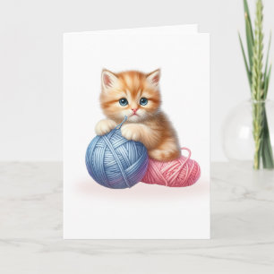 Blauw & roze garen Bright-Eyed Kitten Blank Groet Kaart
