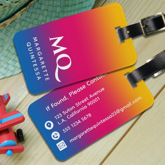 Blauw Roze Geel Gradiënt Witte Monogram Beginlette Bagagelabel