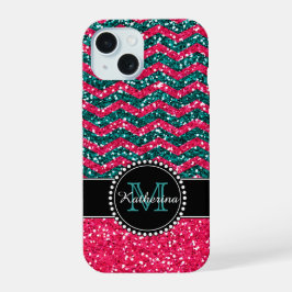 Blauw & Roze Glitter Chevron Persoonlijke Verdedig iPhone 15 Hoesje