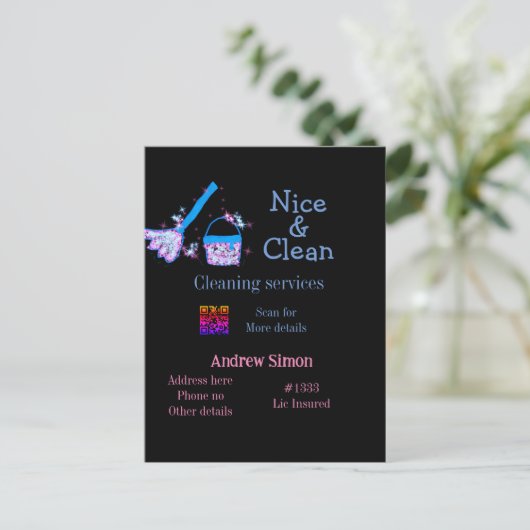 Blauw roze glitter clean mop naam adres toevoegen briefkaart (Staand voorkant)