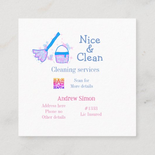 Blauw roze glitter clean mop naam adres toevoegen vierkante visitekaartje (Achterkant)