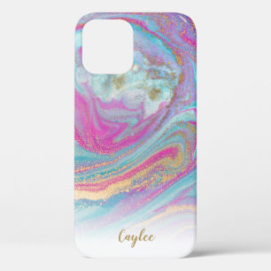 Blauw Roze Gouden Glitter Marmer Gepersonaliseerde iPhone 12 Hoesje