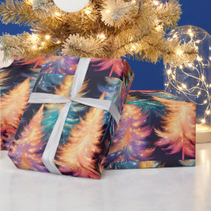 Blauw Roze Gouden Lichte Bomen Moderne Kerst Cadeaupapier