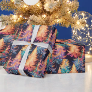 Blauw Roze Gouden Lichte Bomen Moderne Kerst Cadeaupapier