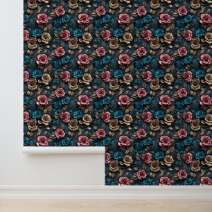 Blauw Roze Gouden Rozen Bloemen Behang