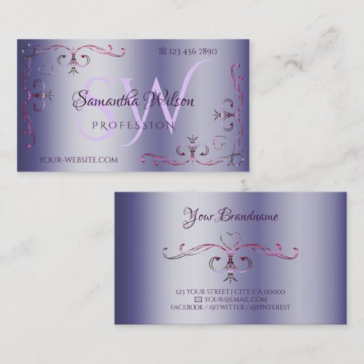 Blauw roze  hoek rand sierlijke Initialen Visitekaartje (Voorkant / Achterkant)