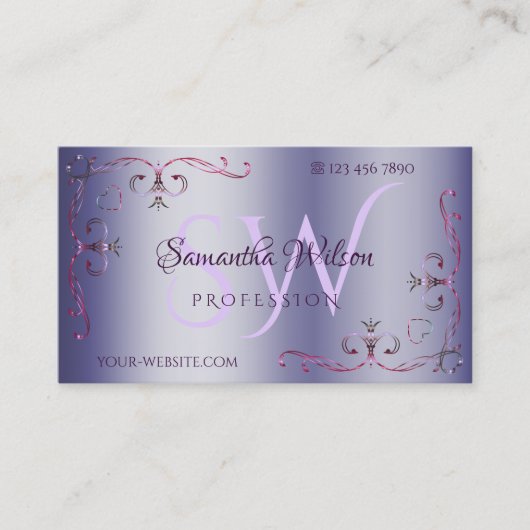Blauw roze  hoek rand sierlijke Initialen Visitekaartje (Voorkant)