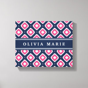 Blauw roze Ikat Mod Patroon met Naam Canvas Afdruk