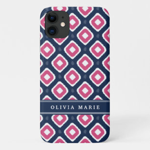Blauw roze Ikat Mod Patroon met Naam iPhone 11 Hoesje