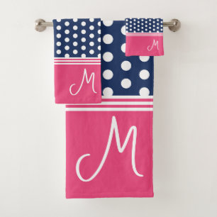 Blauw Roze Monogram Polka Dot Spotty Bad Handdoek