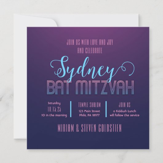 Blauw & Roze Neon Bat Bar Mitzvah Feestuitnodiging Kaart (Voorkant)