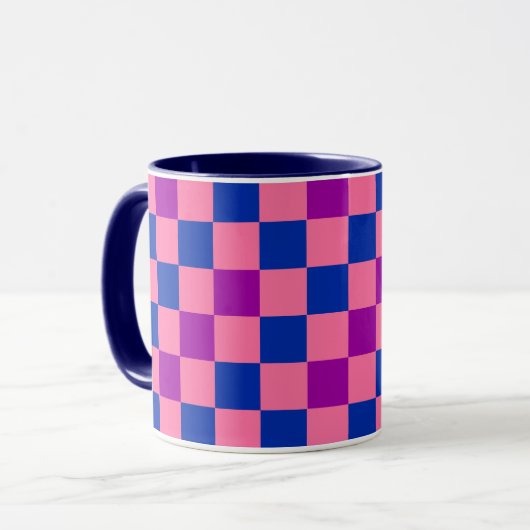 Blauw Roze Paarse Geruite Patroon Ontwerp Mok (Voorkant links)