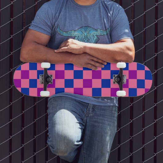 Blauw Roze Paarse Geruite Patroon Ontwerp Skateboard (Buiten 3)