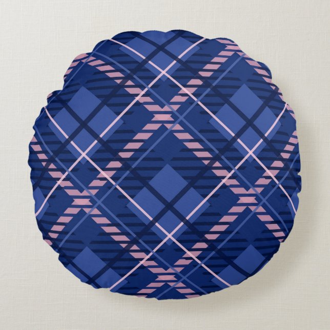 Blauw & Roze Plaid Rond Kussen (Voorkant)