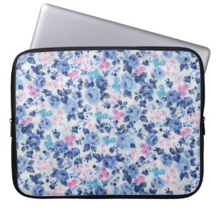  blauw roze Rozen Floral Patroon Laptop Sleeve