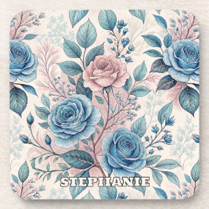 Blauw & Roze Rozenpatroon op Zacht Pinkish-Wit Bier Onderzetter